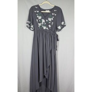 Wren & Ivory Floral Maxi Dress Medium Embroidered V Neck Nursing Boho M Wrap